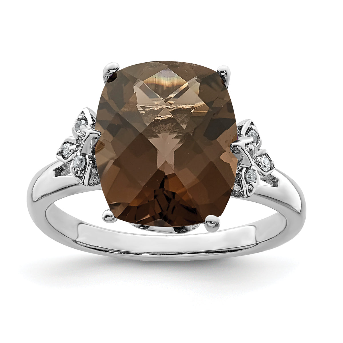 Sterling Silver Rhodium Checker-Cut Smoky Quartz & Diamond Ring