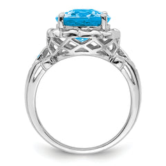 Sterling Silver Rhodium Oval Checker-Cut Blue Topaz & Diamond Ring