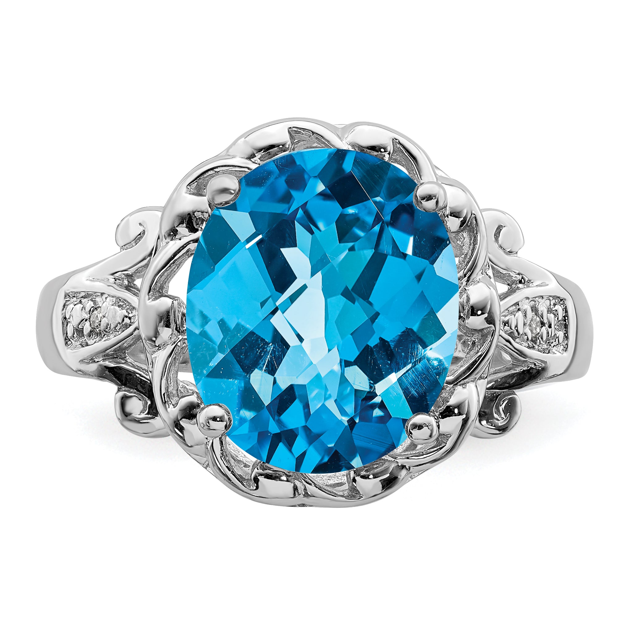 Sterling Silver Rhodium Oval Checker-Cut Blue Topaz & Diamond Ring