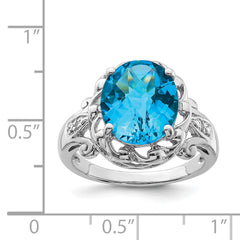 Sterling Silver Rhodium Oval Checker-Cut Blue Topaz & Diamond Ring