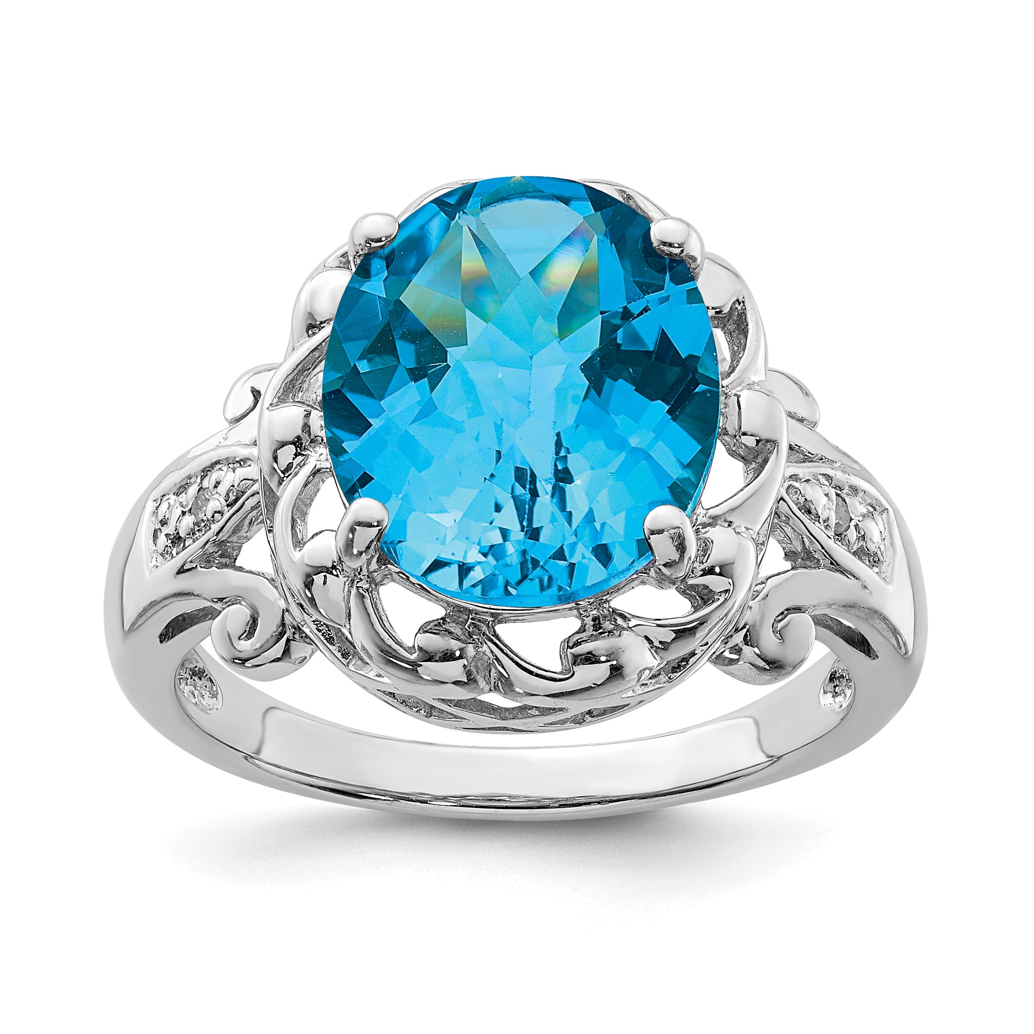 Sterling Silver Rhodium Oval Checker-Cut Blue Topaz & Diamond Ring