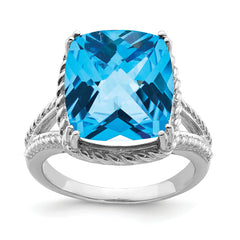 Sterling Silver Rhodium Checker-Cut Blue Topaz Ring