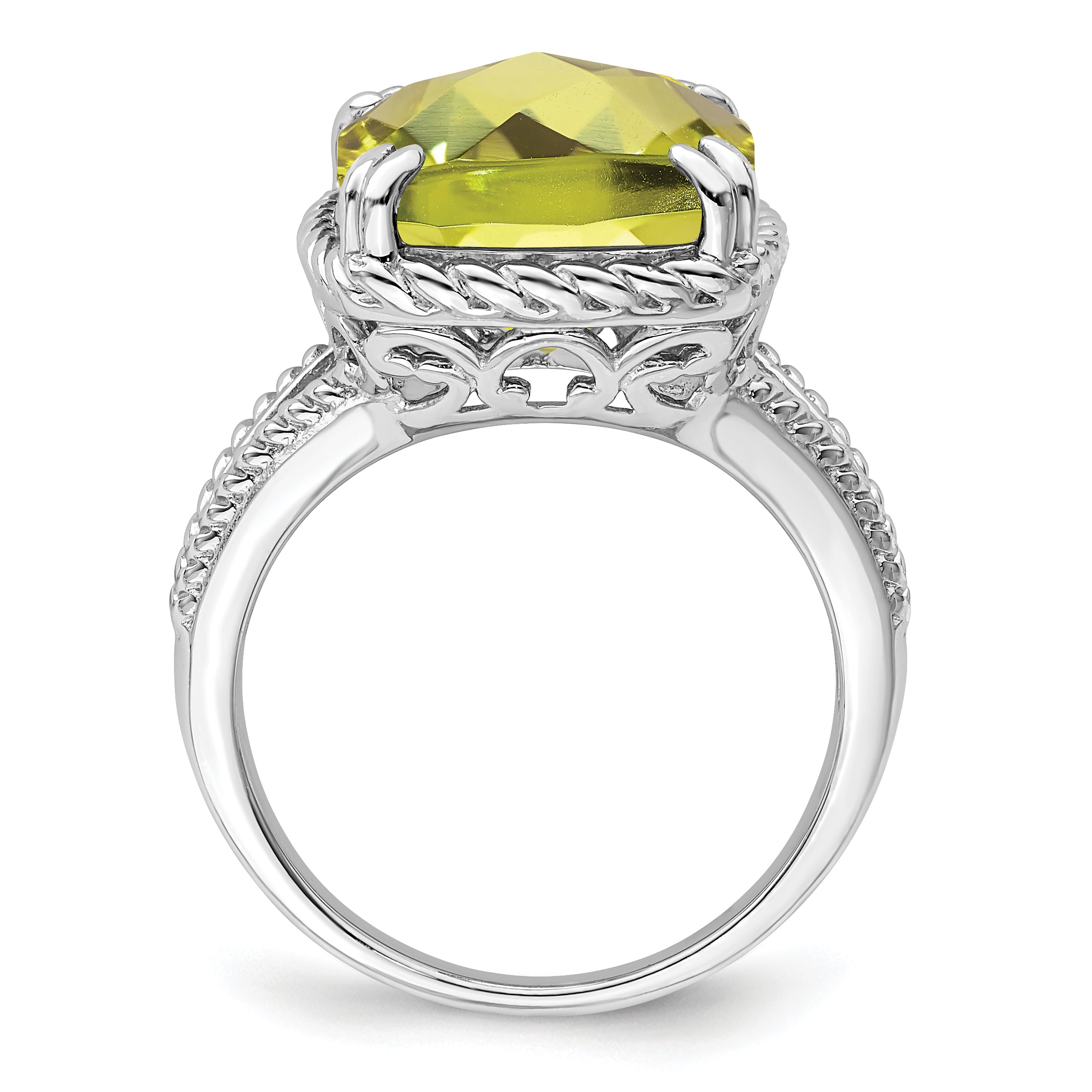 Sterling Silver Rhodium Checker-Cut Lemon Quartz Ring