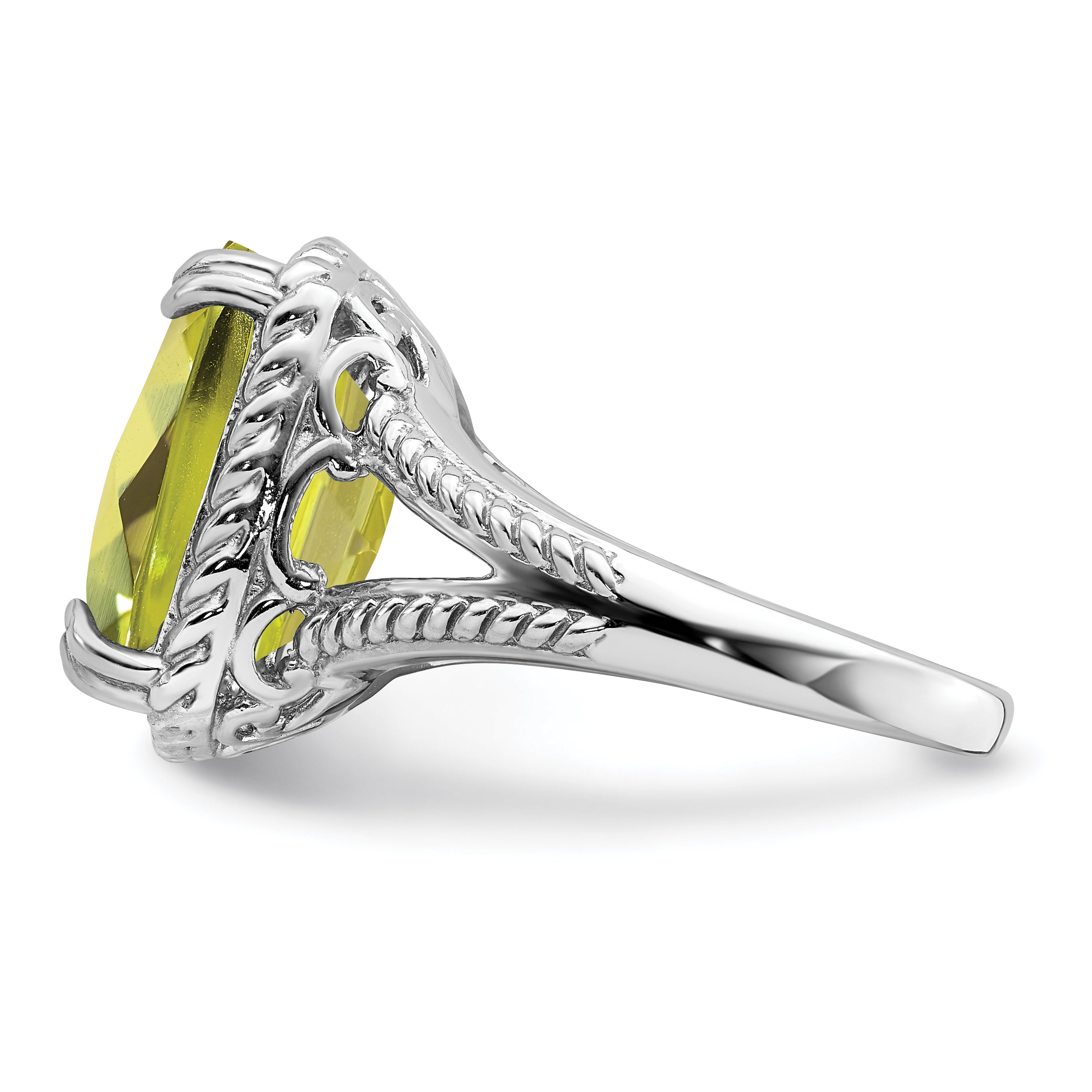 Sterling Silver Rhodium Checker-Cut Lemon Quartz Ring