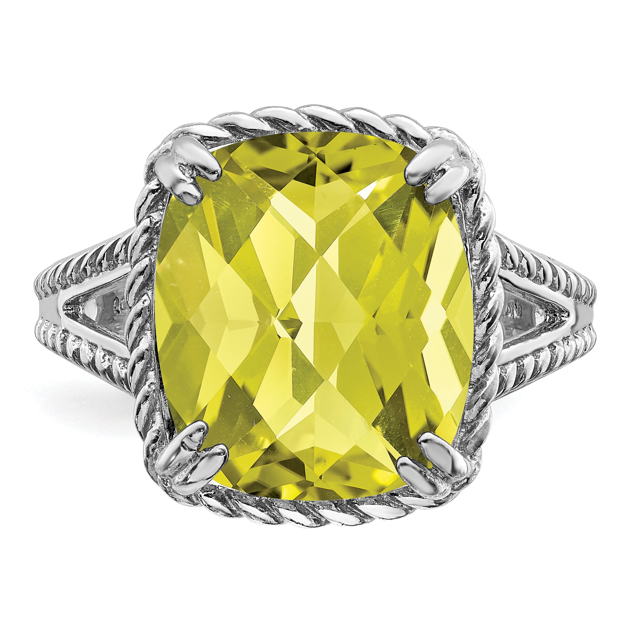 Sterling Silver Rhodium Checker-Cut Lemon Quartz Ring