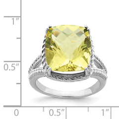 Sterling Silver Rhodium Checker-Cut Lemon Quartz Ring