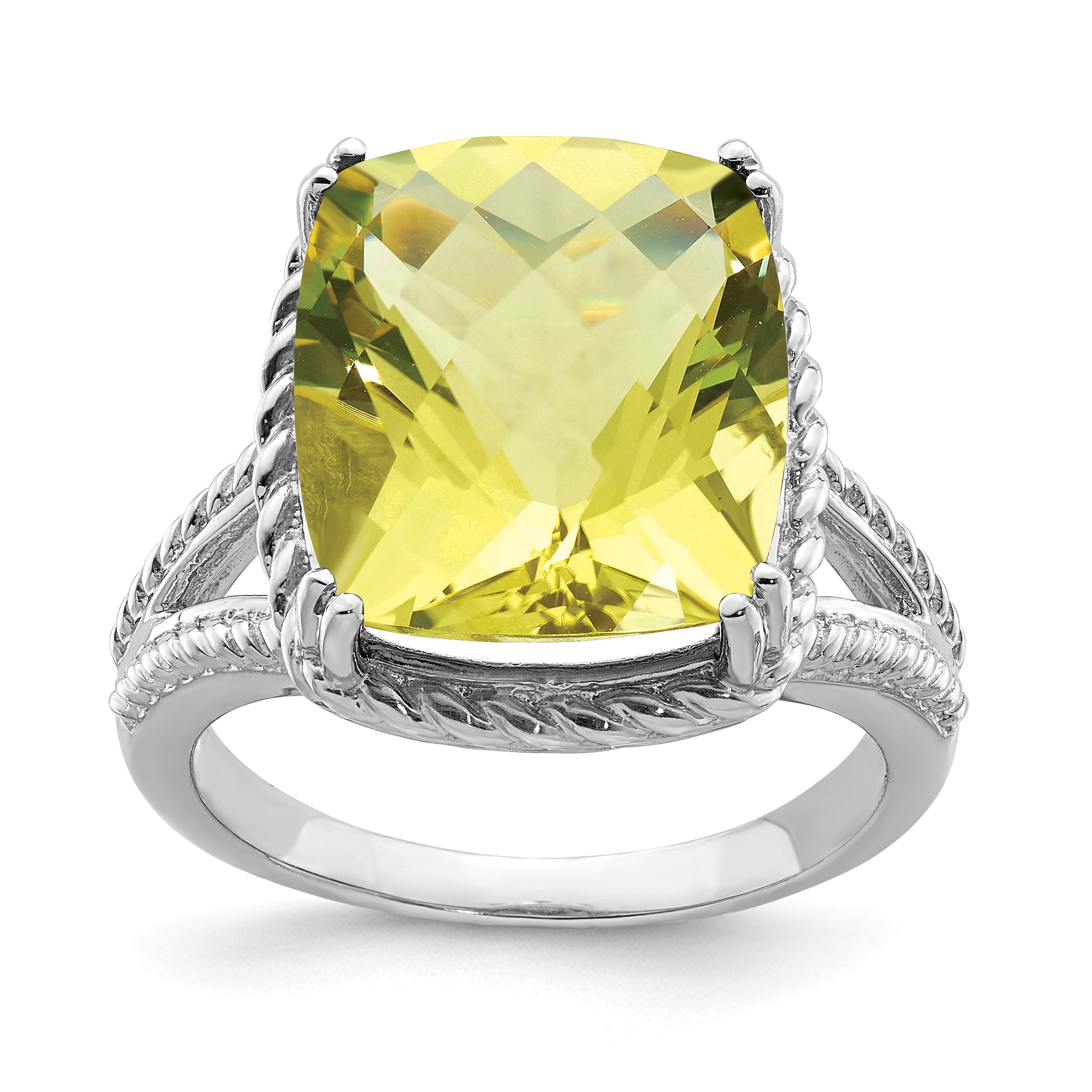 Sterling Silver Rhodium Checker-Cut Lemon Quartz Ring