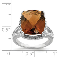 Sterling Silver Rhodium Checker-Cut Whiskey Quartz Ring