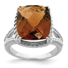 Sterling Silver Rhodium Checker-Cut Whiskey Quartz Ring