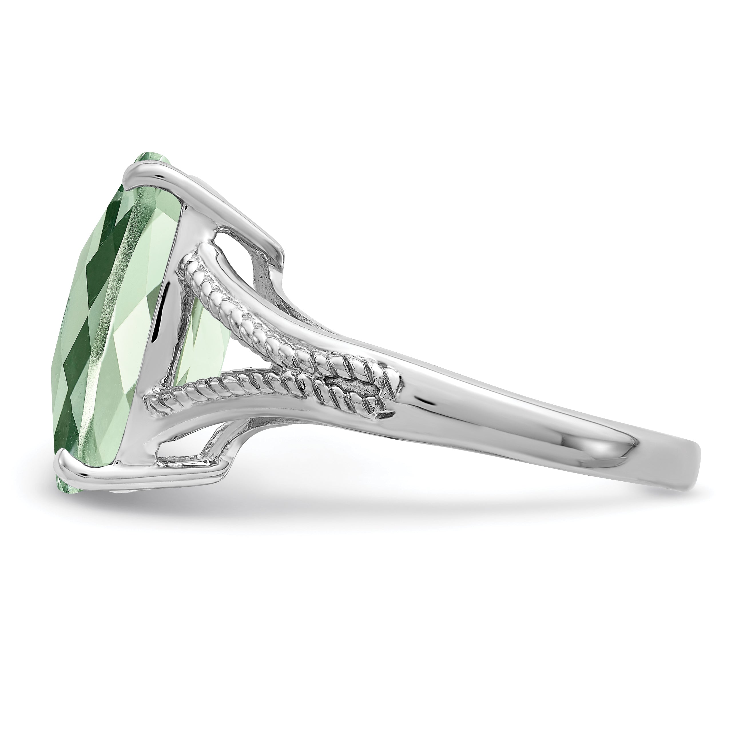 Sterling Silver Rhodium Checker-Cut Green Quartz Ring