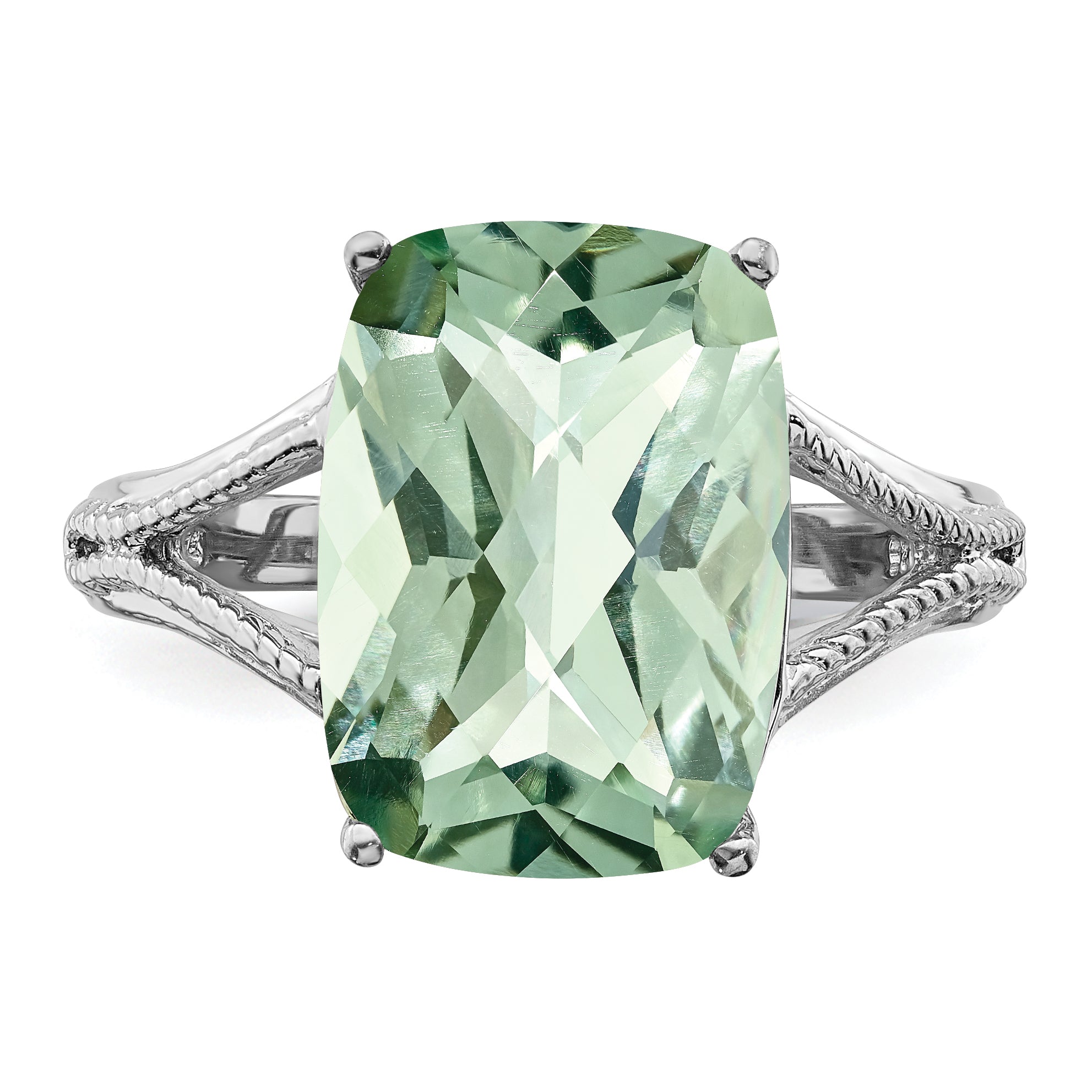 Sterling Silver Rhodium Checker-Cut Green Quartz Ring