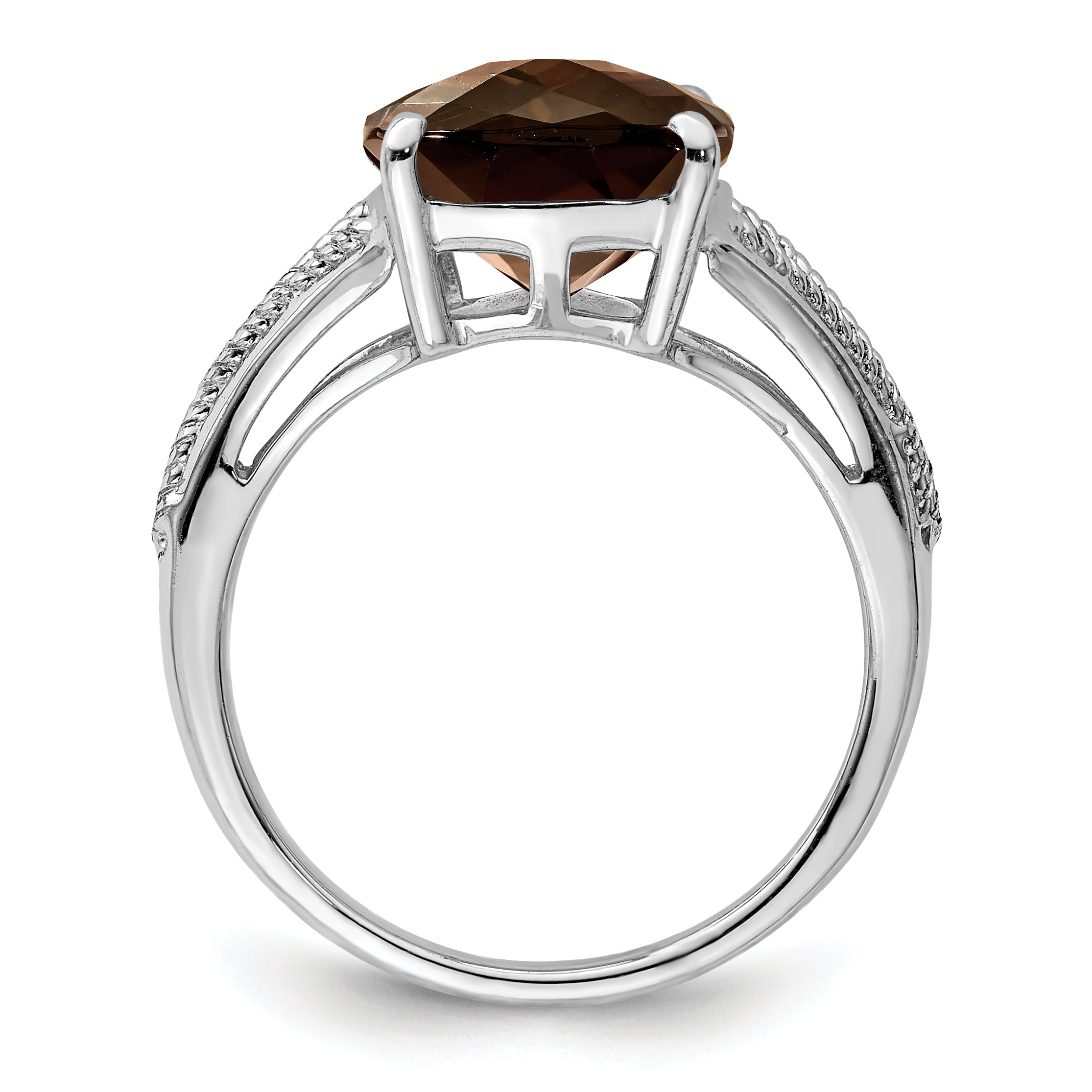 Sterling Silver Rhodium Checker-Cut Smoky Quartz Ring