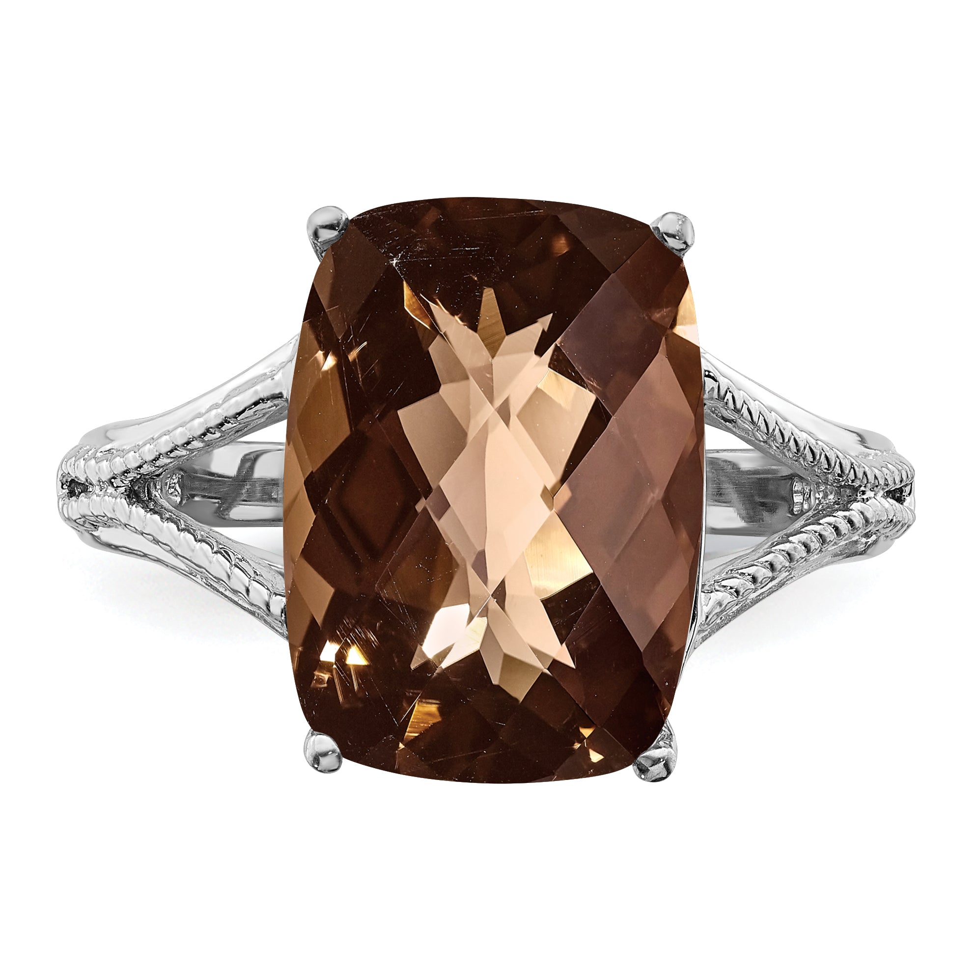 Sterling Silver Rhodium Checker-Cut Smoky Quartz Ring