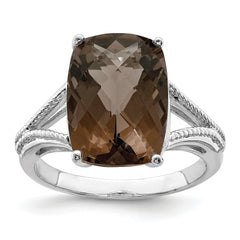 Sterling Silver Rhodium Checker-Cut Smoky Quartz Ring