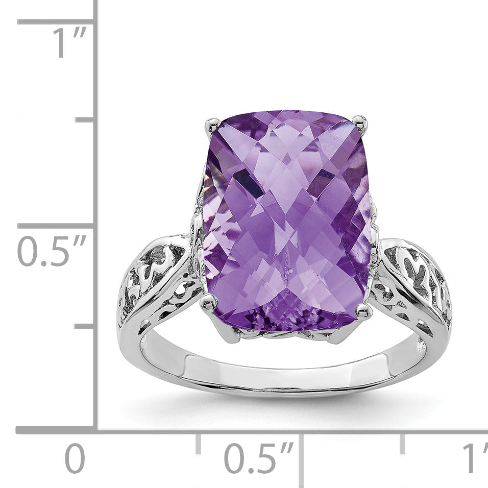 Sterling Silver Rhodium-plated Checker-Cut Amethyst Ring