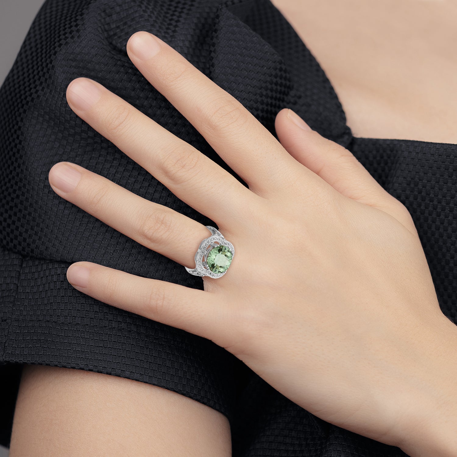 Sterling Silver Rhodium Checker-Cut Green Quartz Ring