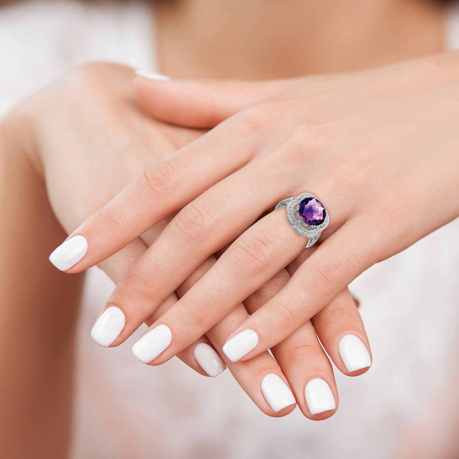 Sterling Silver Rhodium-plated Checker-Cut Amethyst Ring