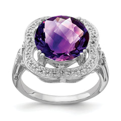 Sterling Silver Rhodium-plated Checker-Cut Amethyst Ring