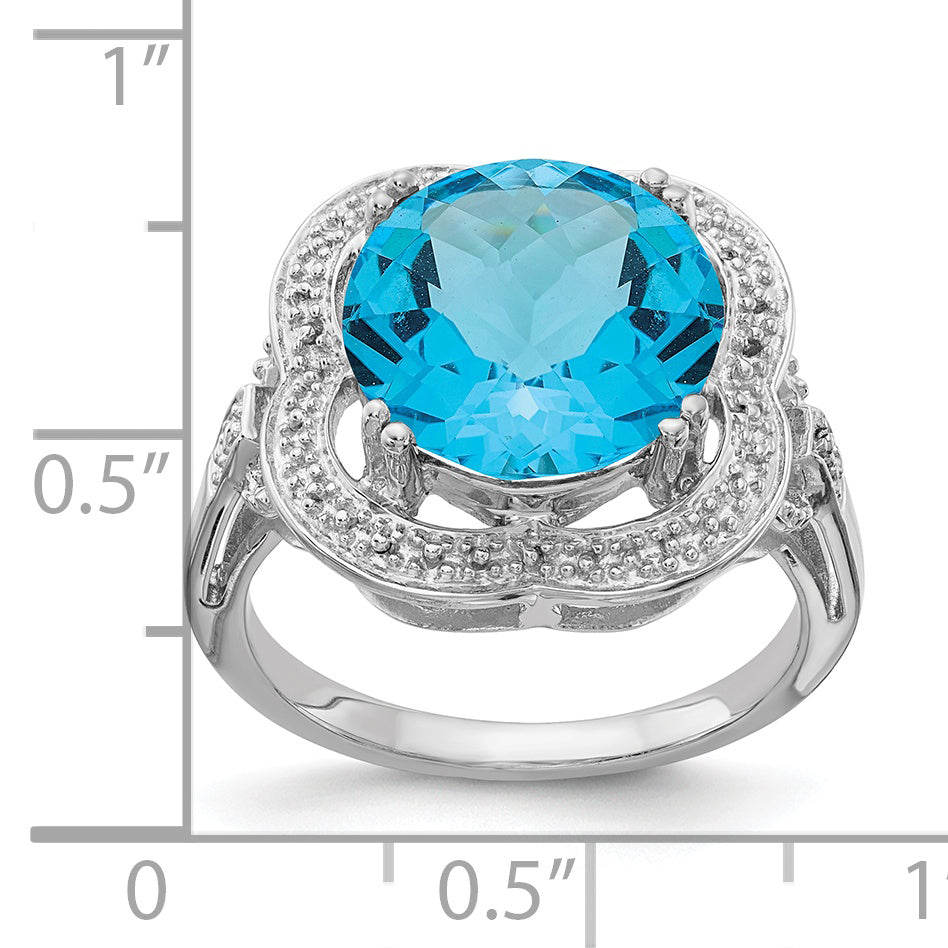 Sterling Silver Rhodium Checker-Cut Blue Topaz Ring