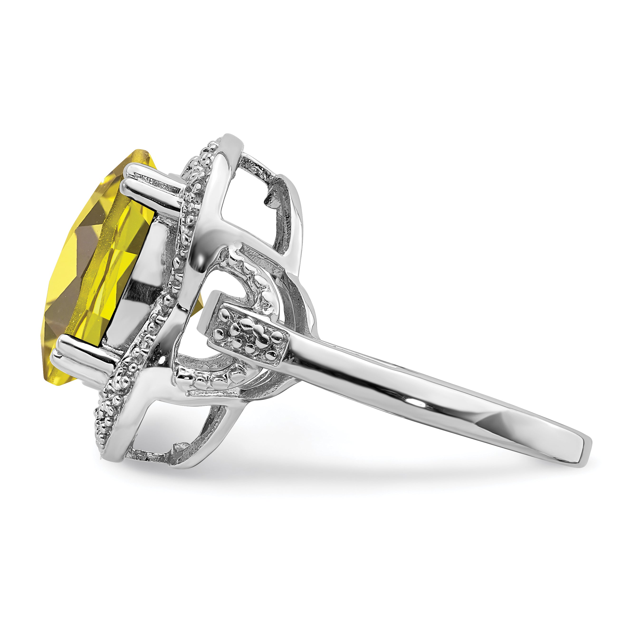 Sterling Silver Rhodium Checker-Cut Lemon Quartz Ring