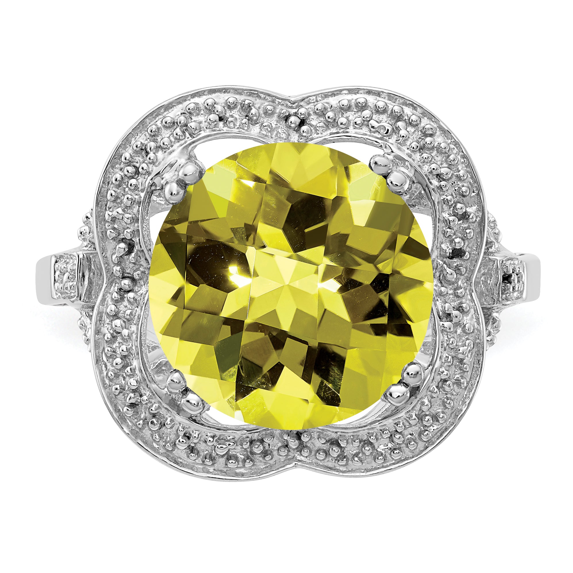 Sterling Silver Rhodium Checker-Cut Lemon Quartz Ring