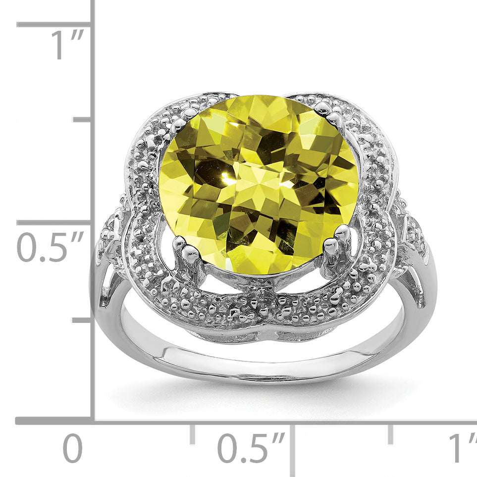 Sterling Silver Rhodium Checker-Cut Lemon Quartz Ring