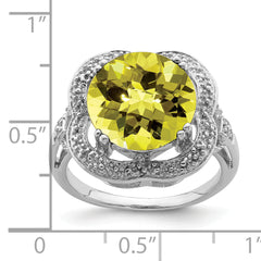 Sterling Silver Rhodium Checker-Cut Lemon Quartz Ring