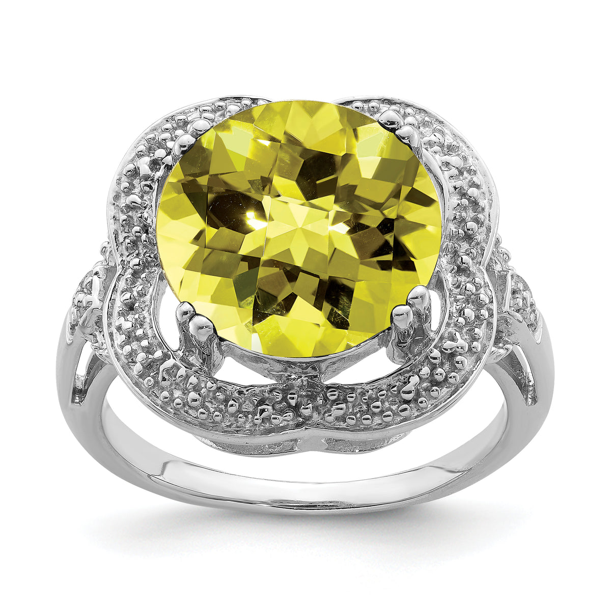 Sterling Silver Rhodium Checker-Cut Lemon Quartz Ring