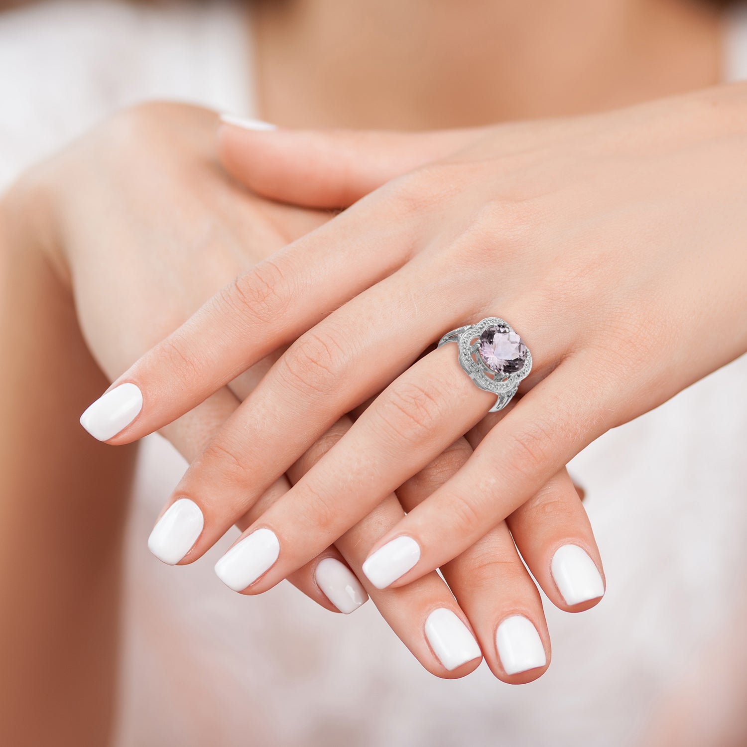 Sterling Silver Rhodium Checker-Cut Pink Quartz Ring