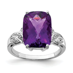 Sterling Silver Rhodium-plated Checker-Cut Amethyst Ring