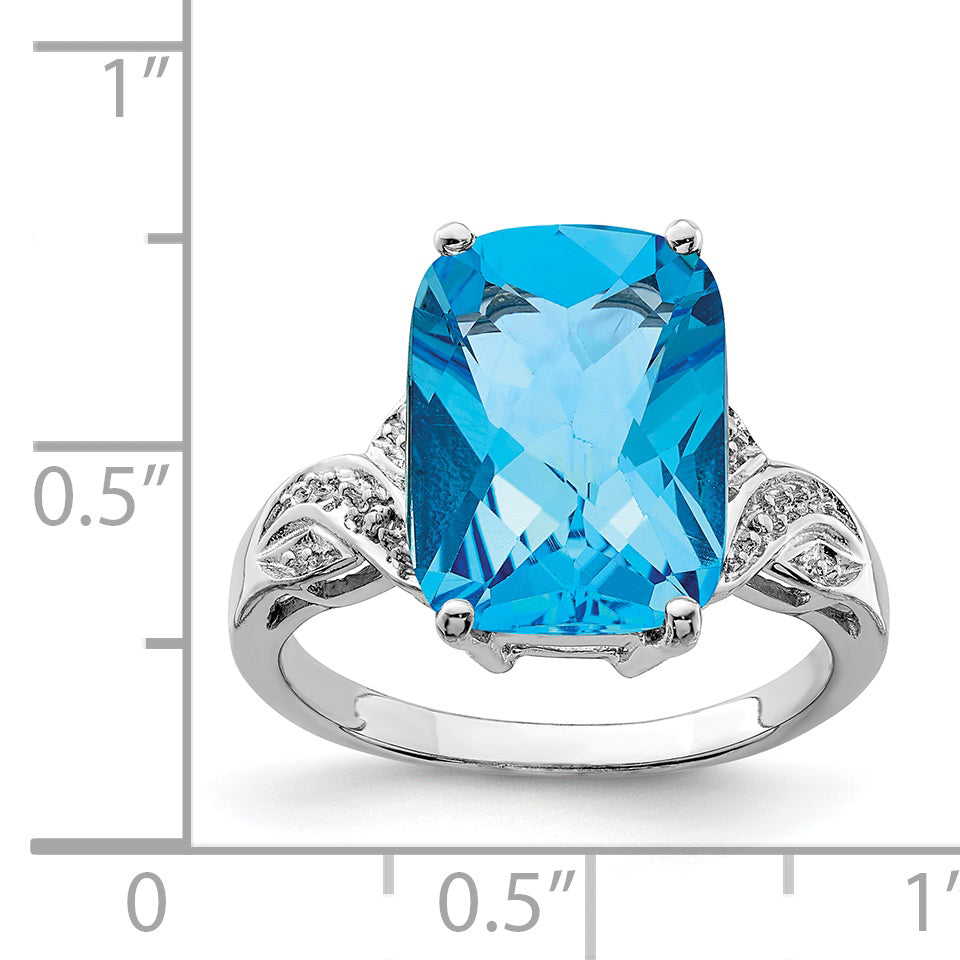 Sterling Silver Rhodium Checker-Cut Blue Topaz Ring