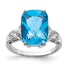 Sterling Silver Rhodium Checker-Cut Blue Topaz Ring