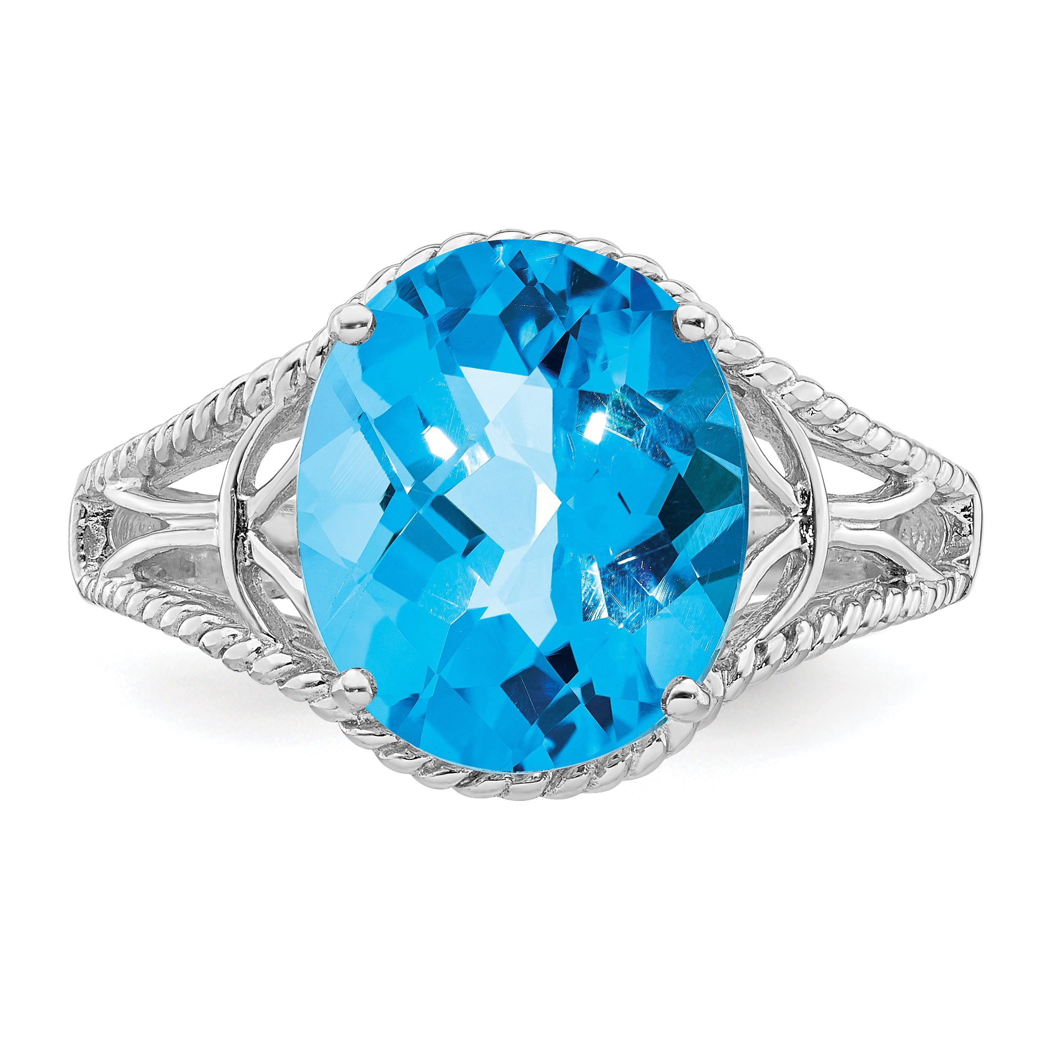 Sterling Silver Rhodium Oval Checker-Cut Blue Topaz Ring