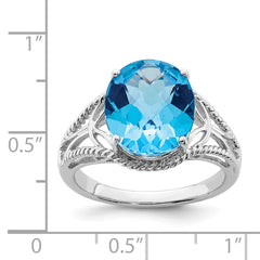 Sterling Silver Rhodium Oval Checker-Cut Blue Topaz Ring