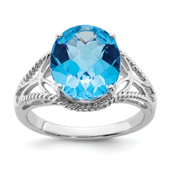 Sterling Silver Rhodium Oval Checker-Cut Blue Topaz Ring