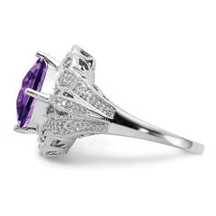 Sterling Silver Rhodium-plated Checker-Cut Amethyst & Diamond Ring