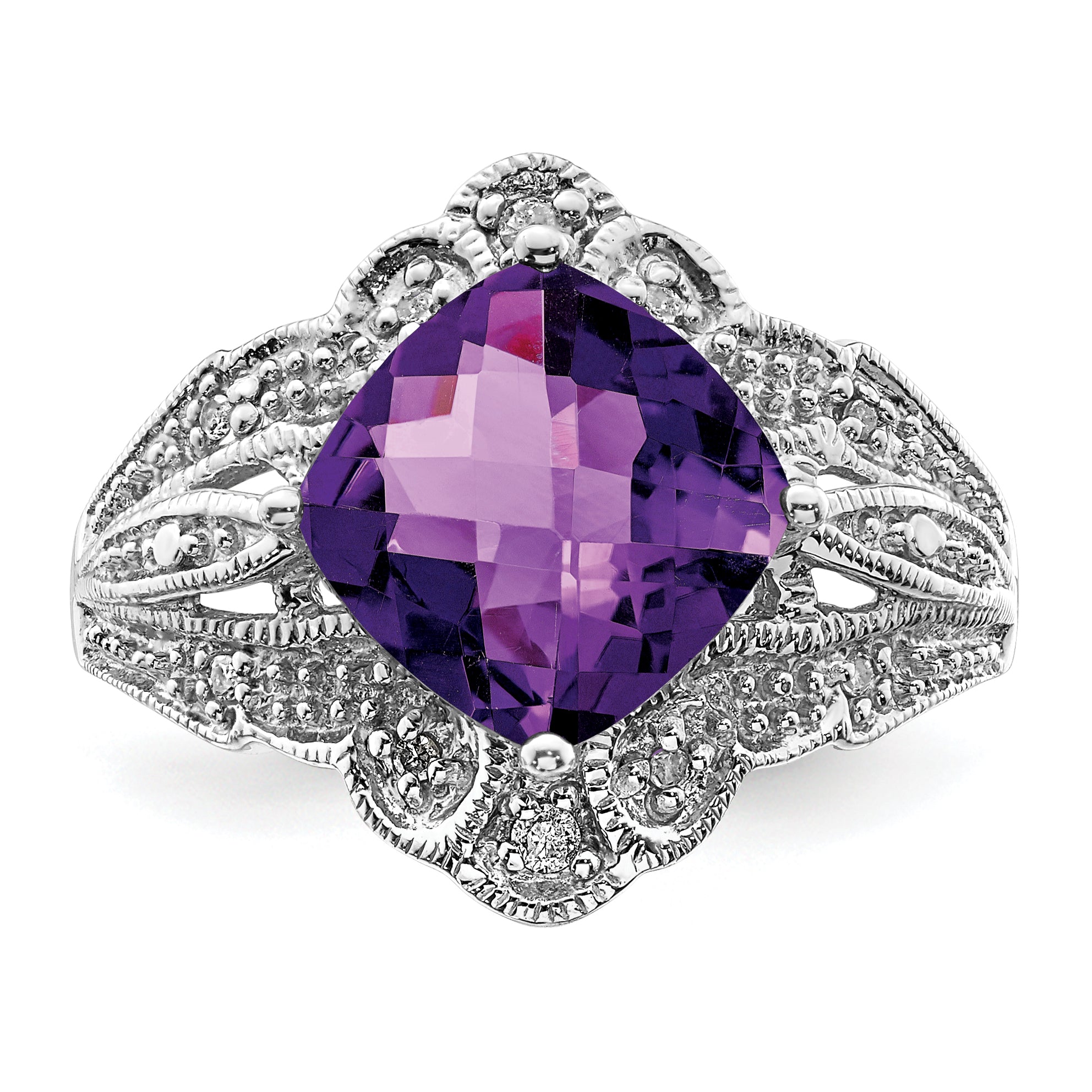 Sterling Silver Rhodium-plated Checker-Cut Amethyst & Diamond Ring