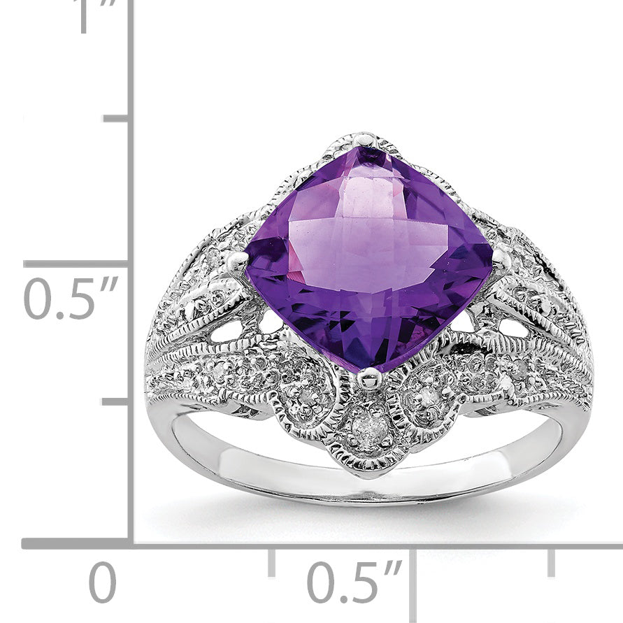 Sterling Silver Rhodium-plated Checker-Cut Amethyst & Diamond Ring