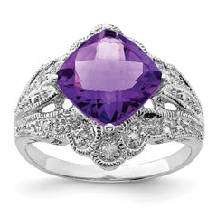 Sterling Silver Rhodium-plated Checker-Cut Amethyst & Diamond Ring