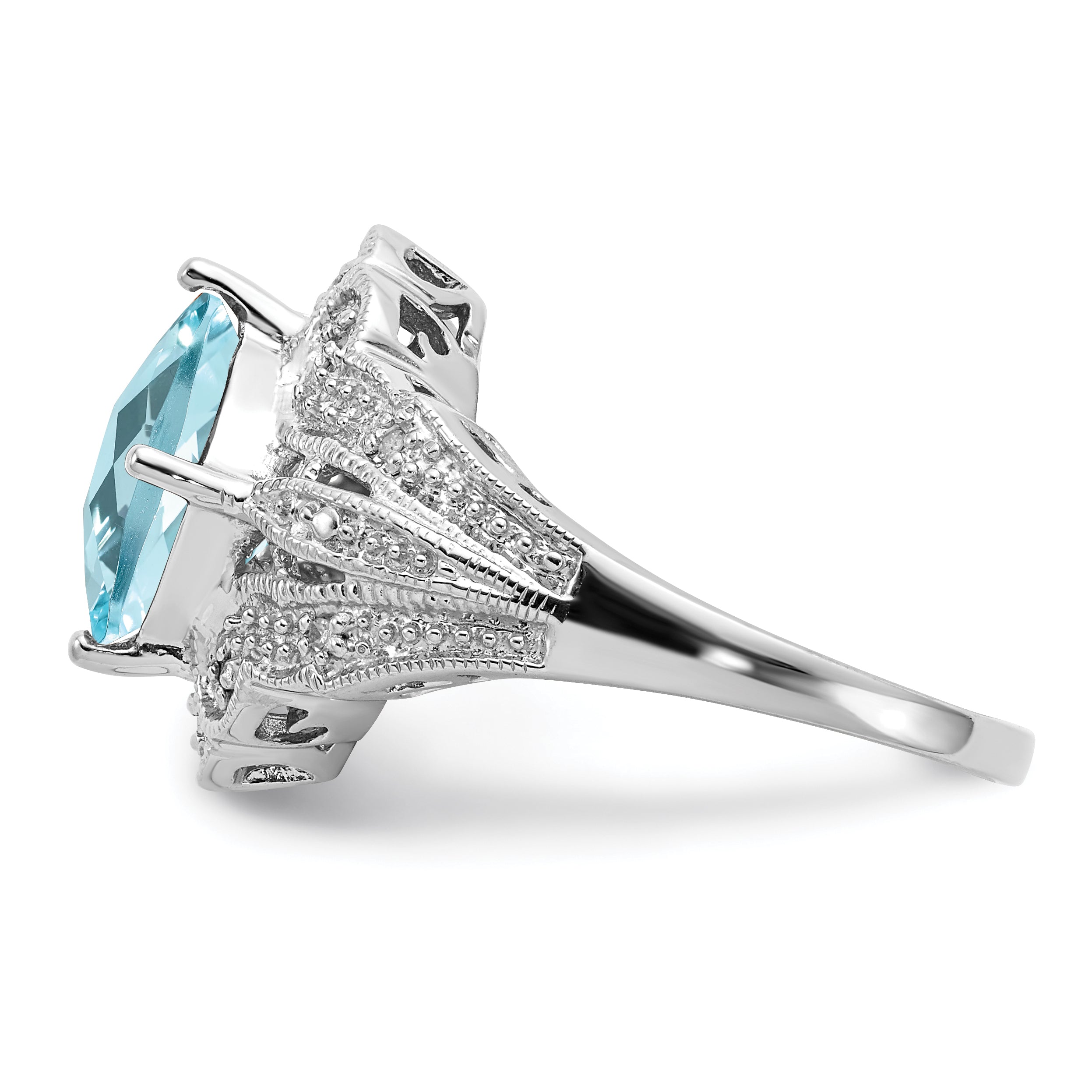 Sterling Silver Rhodium Checker-Cut Sky Blue Topaz & Diamond Ring