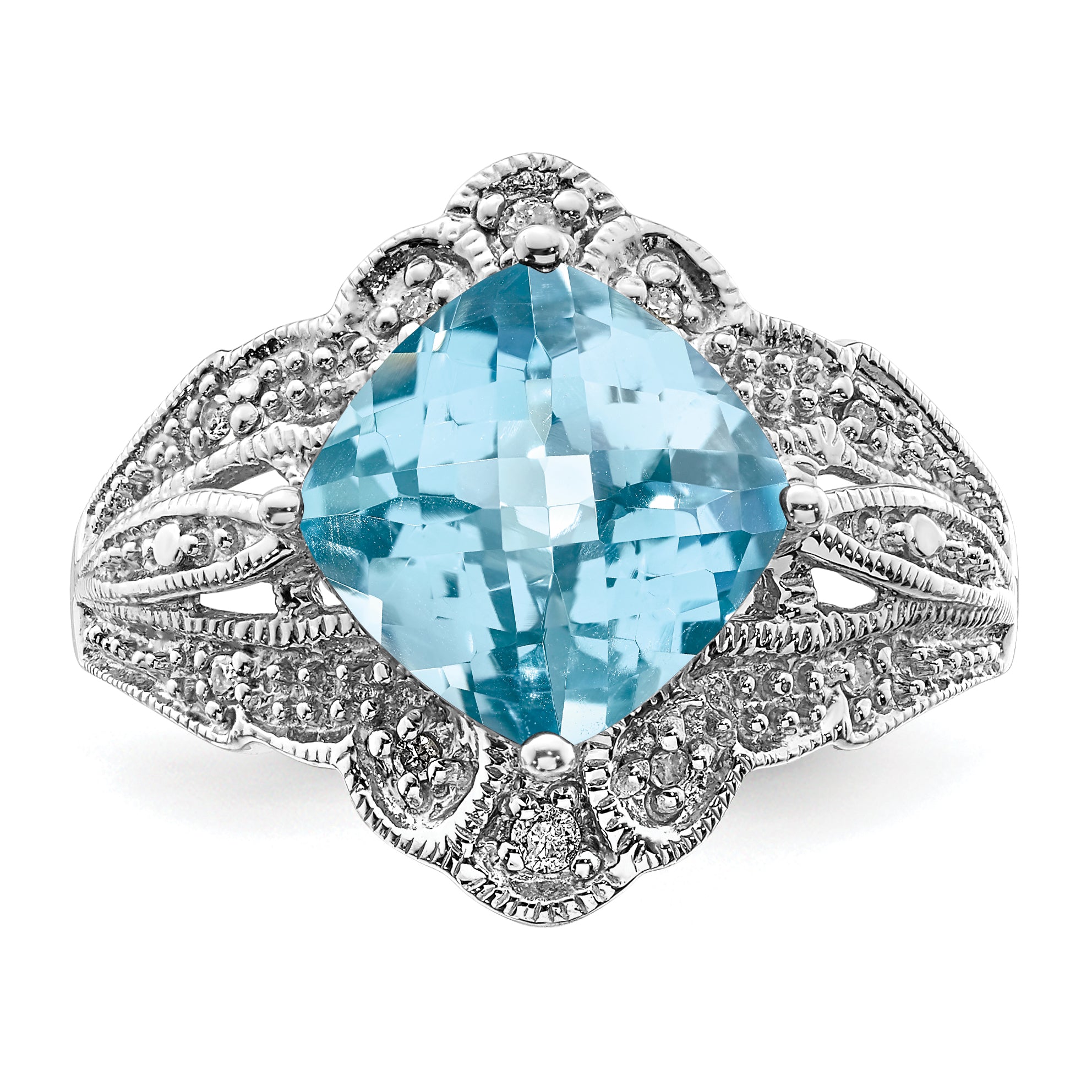 Sterling Silver Rhodium Checker-Cut Sky Blue Topaz & Diamond Ring