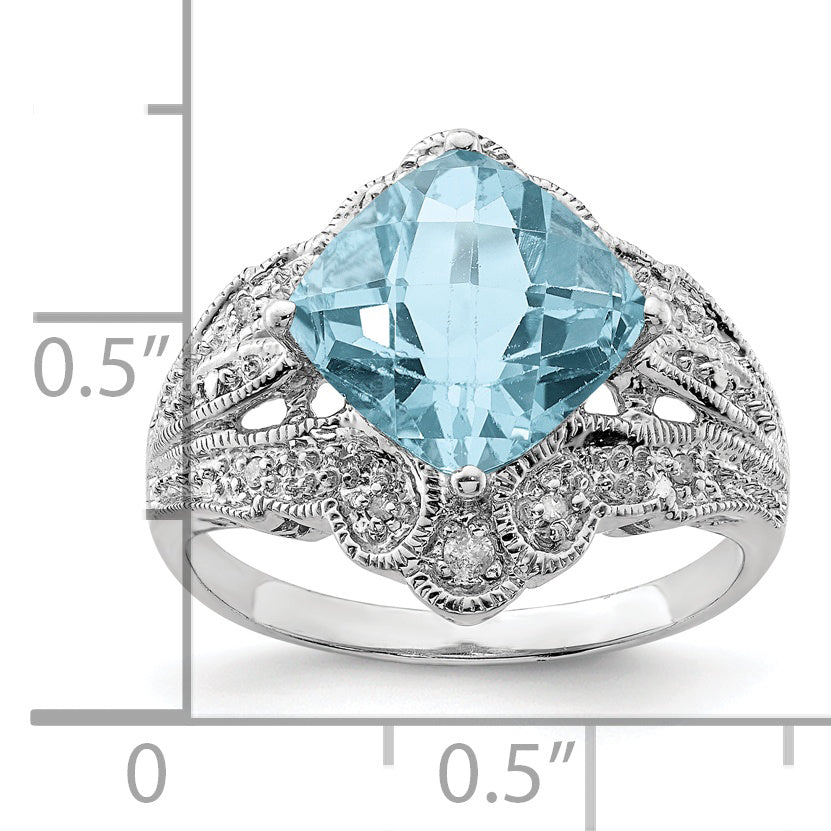 Sterling Silver Rhodium Checker-Cut Sky Blue Topaz & Diamond Ring