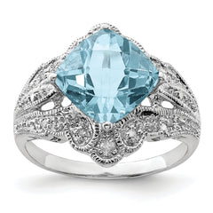 Sterling Silver Rhodium Checker-Cut Sky Blue Topaz & Diamond Ring