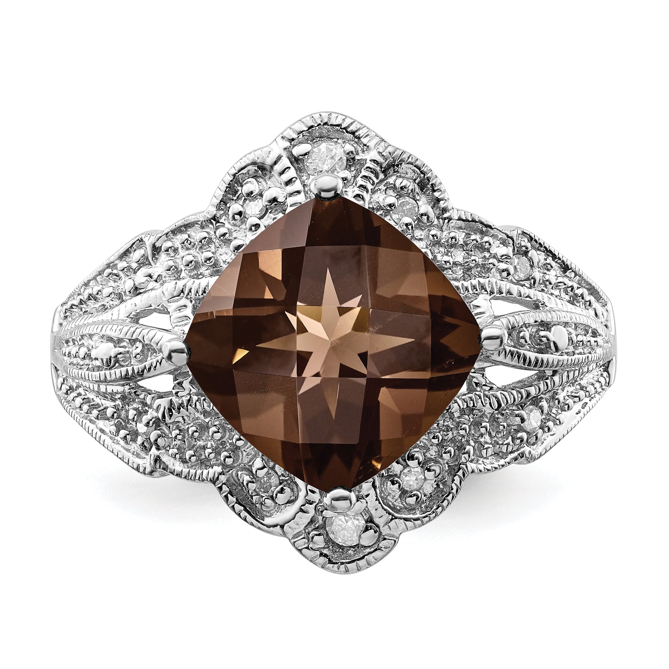 Sterling Silver Rhodium Checker-Cut Smoky Quartz & Diamond Ring