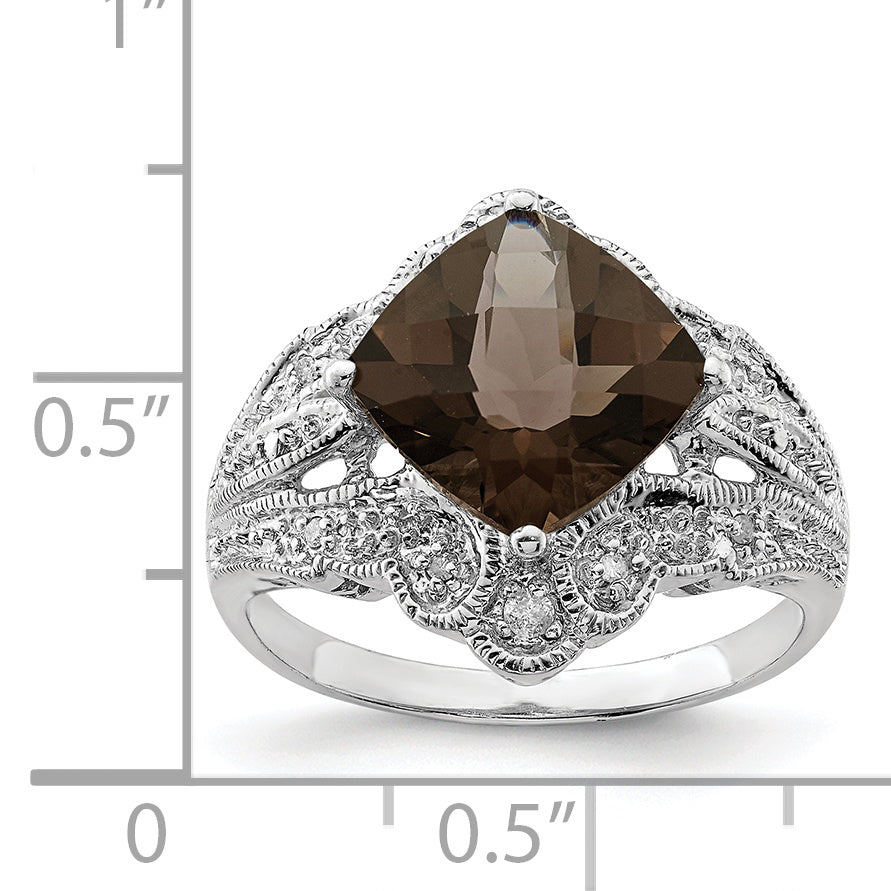 Sterling Silver Rhodium Checker-Cut Smoky Quartz & Diamond Ring