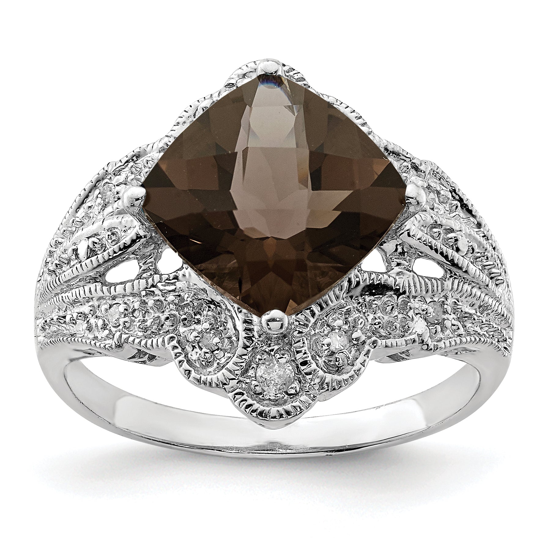 Sterling Silver Rhodium Checker-Cut Smoky Quartz & Diamond Ring