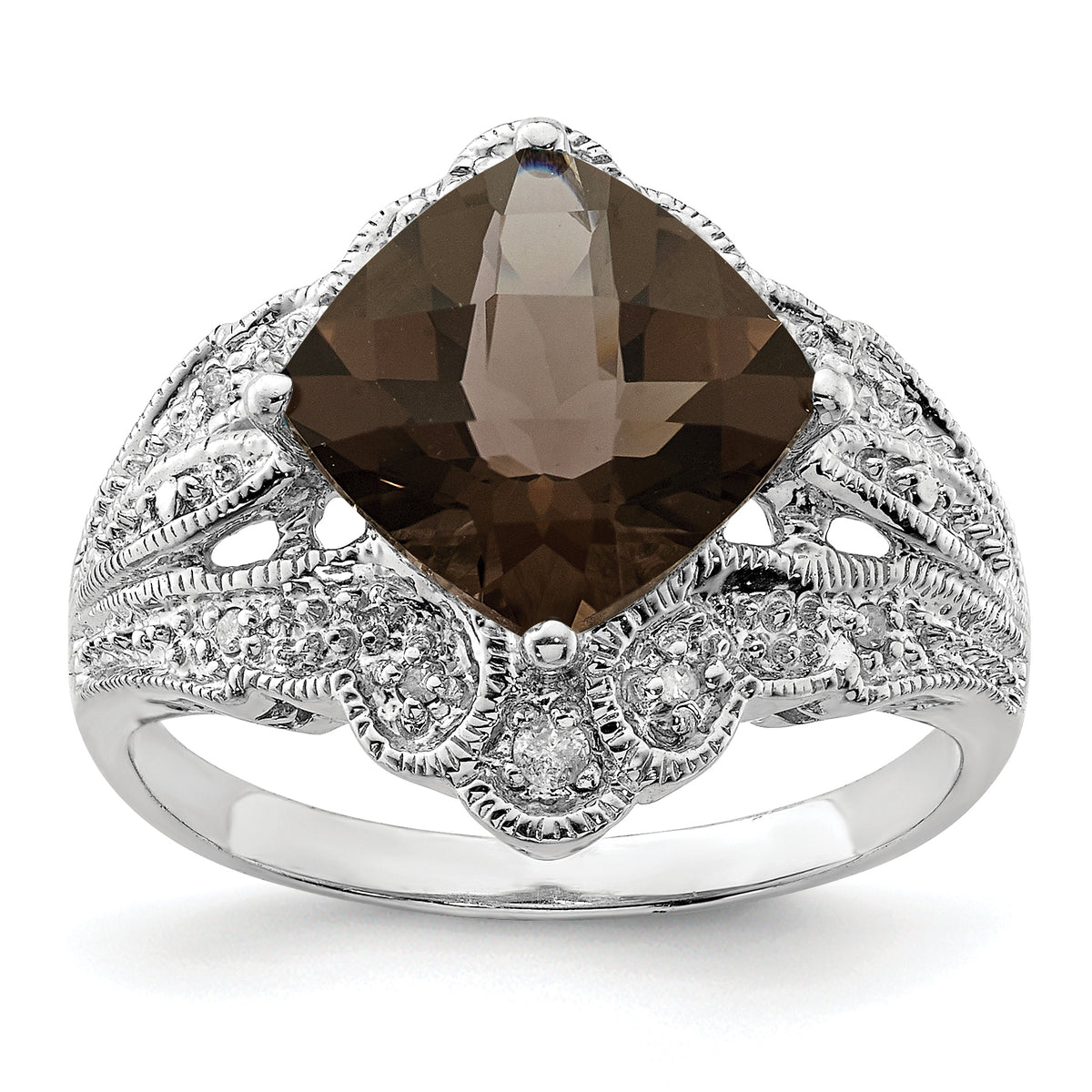 Sterling Silver Rhodium Checker-Cut Smoky Quartz & Diamond Ring