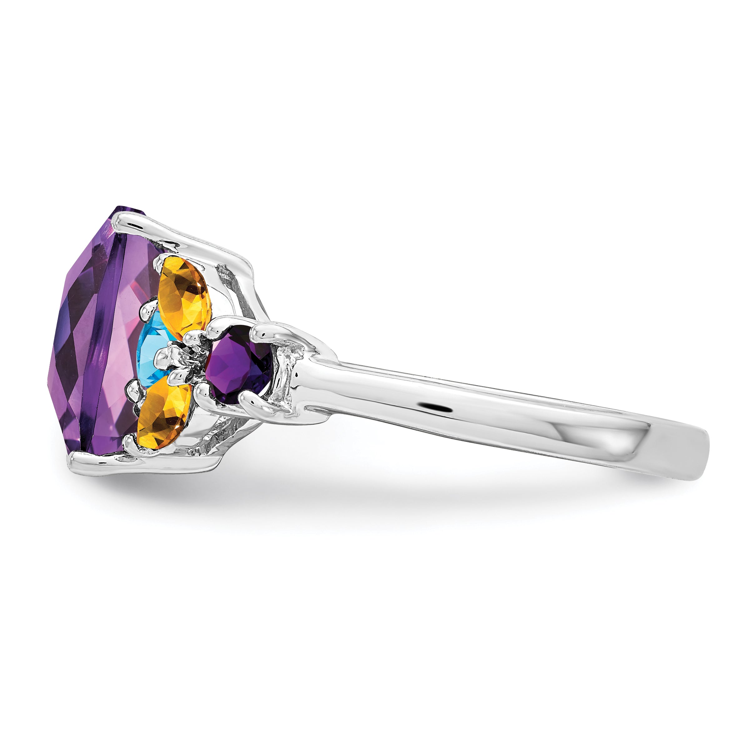 Sterling Silver Rhodium-plated Amethyst, Blue Topaz & Citrine Ring