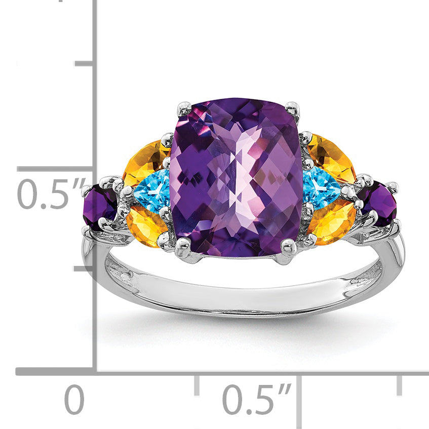 Sterling Silver Rhodium-plated Amethyst, Blue Topaz & Citrine Ring