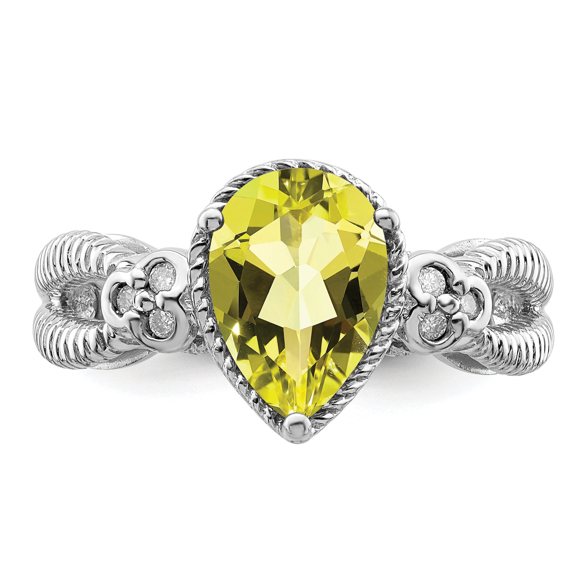 Sterling Silver Rhodium Lemon Quartz & Diamond Ring